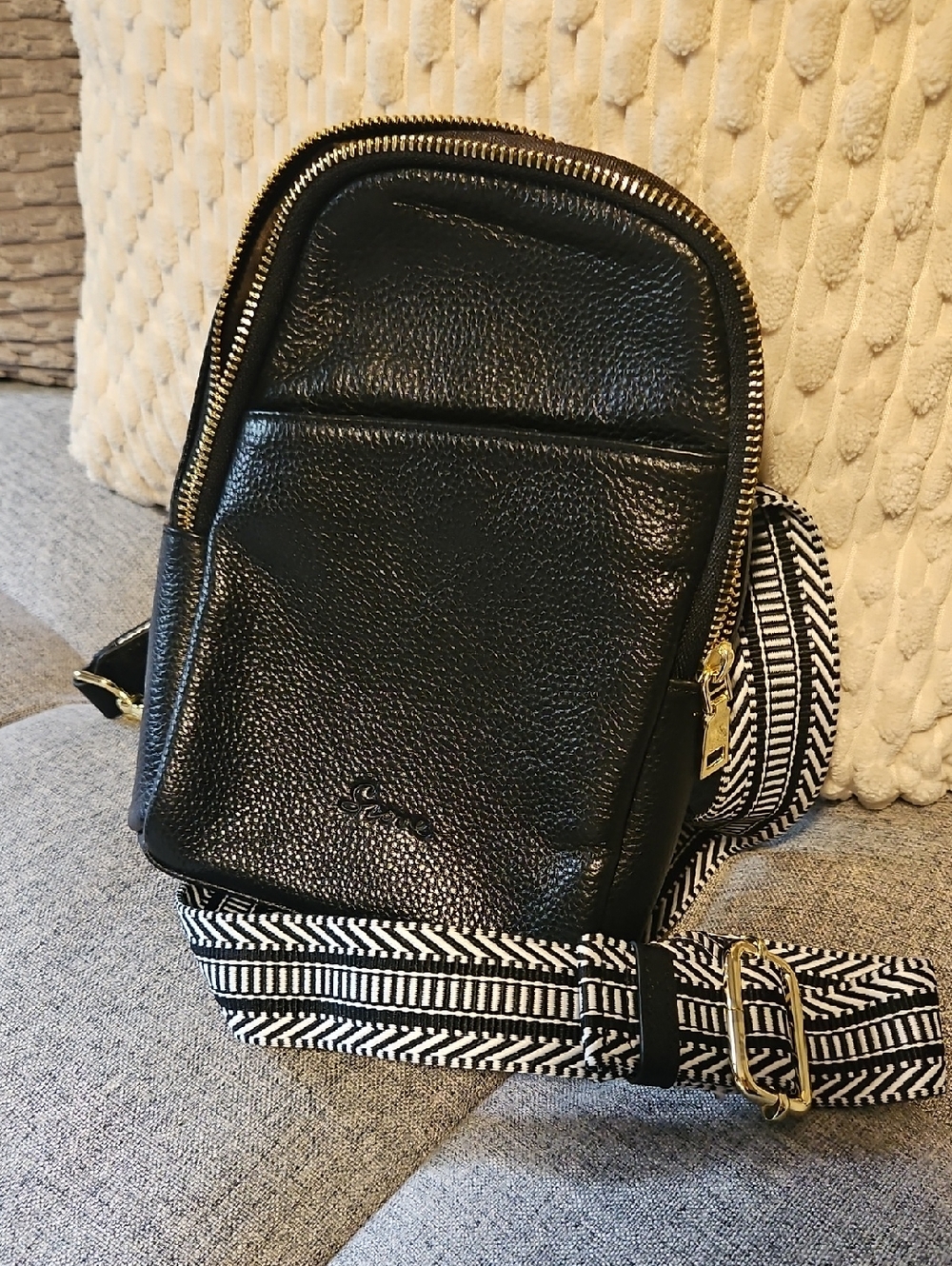 S-zone Genuine Black Leather Crossbody Sling Bag with Patterned Strap
